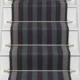 Striped flatweave runner in grey blue and black on white staircase