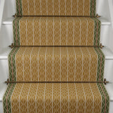 Striped flatweave runner in green and mustard on white staircase