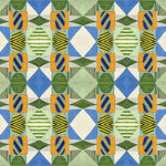 Close up of printed wallpaper with collaged pattern with striped and solid diamonds, squares and ovals in blue, green, orange and white. 