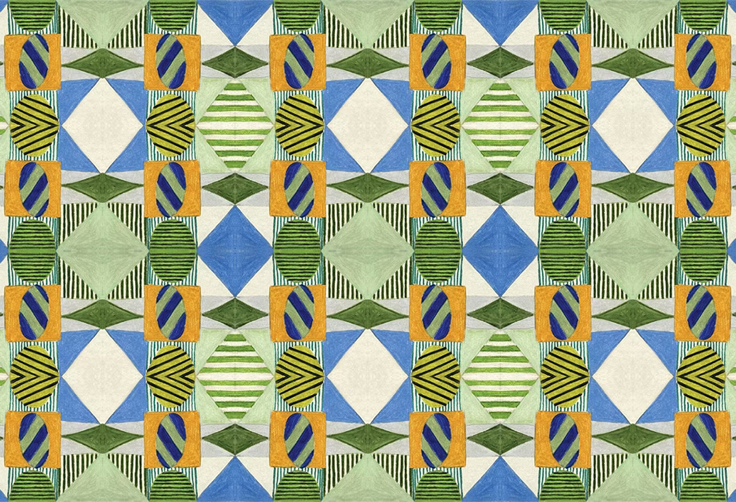 Close up of printed wallpaper with collaged pattern with striped and solid diamonds, squares and ovals in blue, green, orange and white. 
