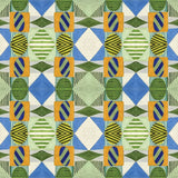 Close up of printed wallpaper with collaged pattern with striped and solid diamonds, squares and ovals in blue, green, orange and white. 