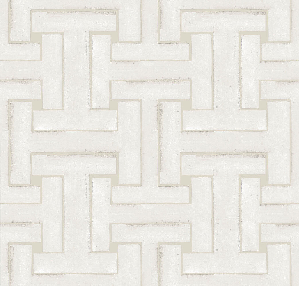 Detail of cream wallpaper in a large-scale interlocking geometric print.