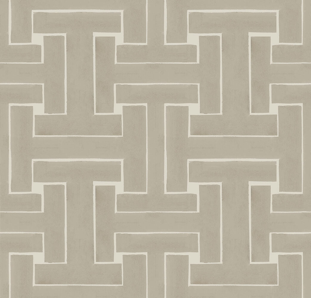 Detail of wallpaper in a large-scale interlocking geometric print in tan on a cream field.