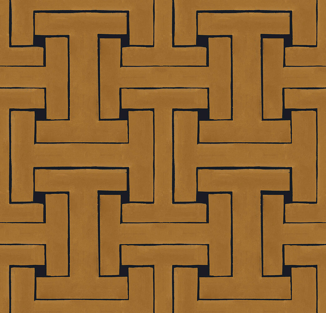 Detail of wallpaper in a large-scale interlocking geometric print in gold on a black field.