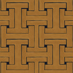 Detail of wallpaper in a large-scale interlocking geometric print in gold on a black field.
