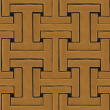 Detail of wallpaper in a large-scale interlocking geometric print in gold on a black field.