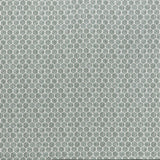 printed linen fabric in a repeating knotted pattern in jade on a white field.