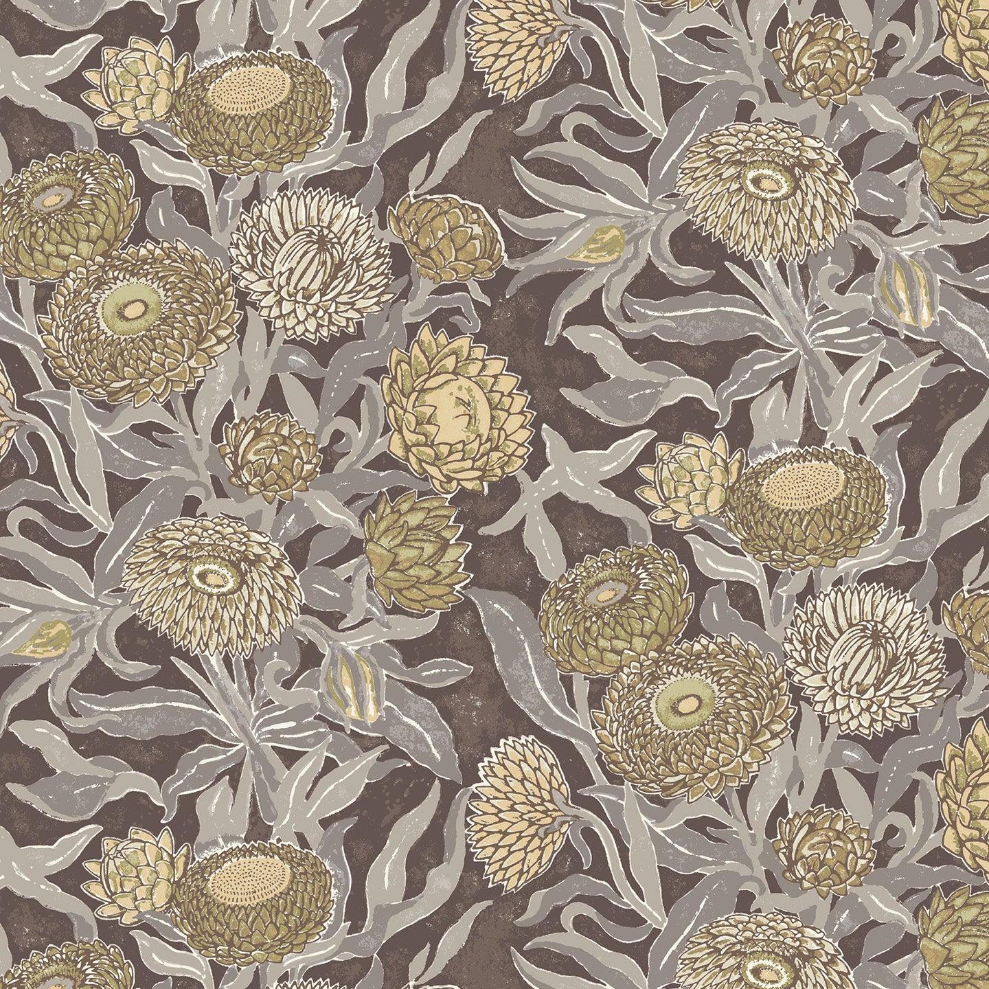 Wallpaper in a Floral pattern with flowers and leaves on a brown background