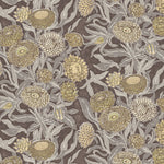 Wallpaper in a Floral pattern with flowers and leaves on a brown background