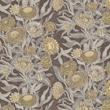 Wallpaper in a Floral pattern with flowers and leaves on a brown background