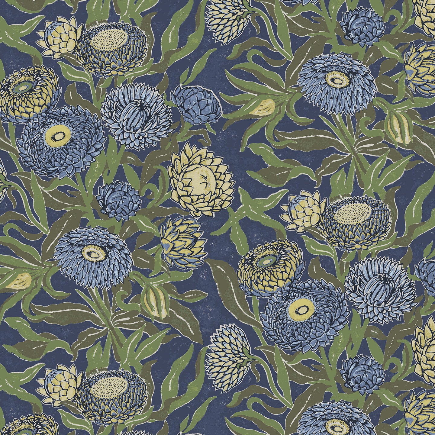 Wallpaper in a Floral pattern with blue and green flowers on a dark blue background