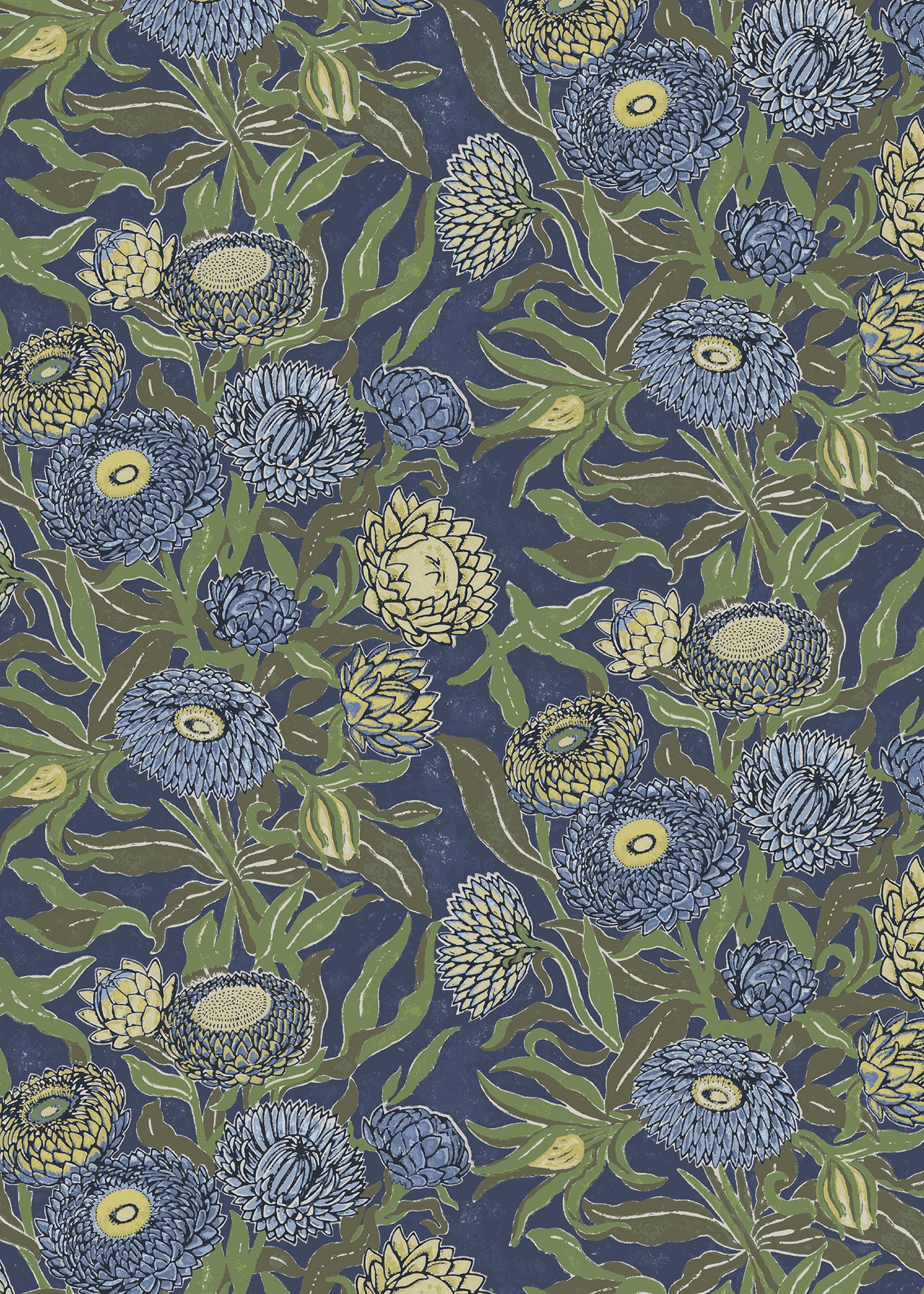 Wallpaper in a Floral pattern with blue and green flowers on a dark blue background
