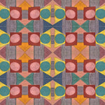 Close up of printed wallpaper with a complex geometric pattern with pink, red, blue, yellow, orange and turquoise.