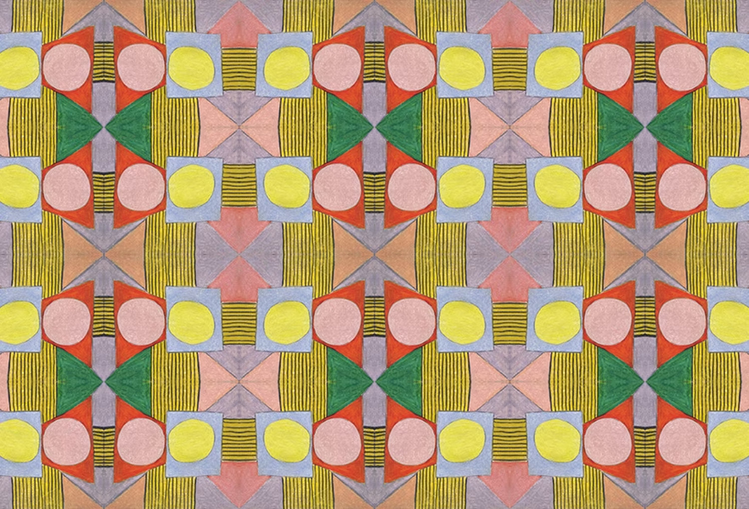 Close up of printed wallpaper with a complex geometric pattern with pink, red, light purple, green and yellow. 