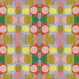 Close up of printed wallpaper with a complex geometric pattern with pink, red, light purple, green and yellow. 