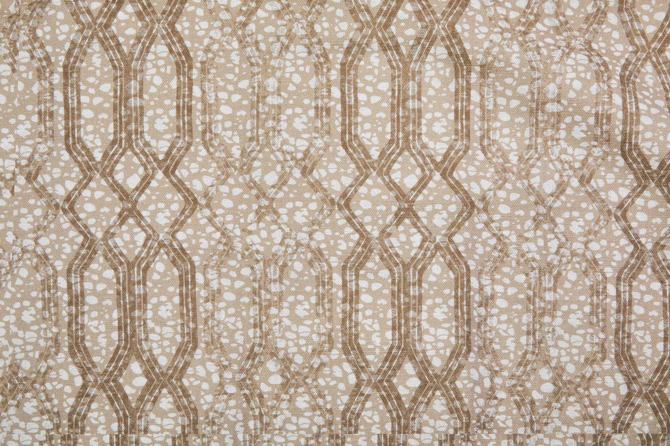 Printed fabric with monochomatic geometric stripe and mottled textural background in shades of beige. 