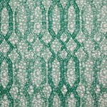 Printed fabric with monochomatic geometric stripe and mottled textural background in shades of green.