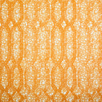 Printed fabric with monochomatic geometric stripe and mottled textural background in shades of orange. 