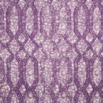 Printed fabric with monochomatic geometric stripe and mottled textural background in shades of purple.