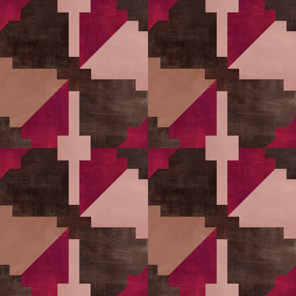 Bold abstract checkerboard pattern in brown, tan, pink and fuchsia.