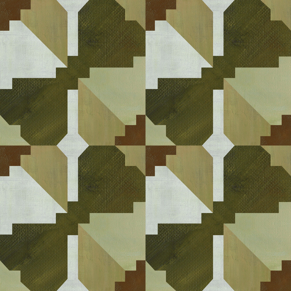 Bold abstract checkerboard pattern in brown, cream, sage and olive green.