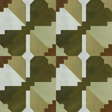 Bold abstract checkerboard pattern in brown, cream, sage and olive green.