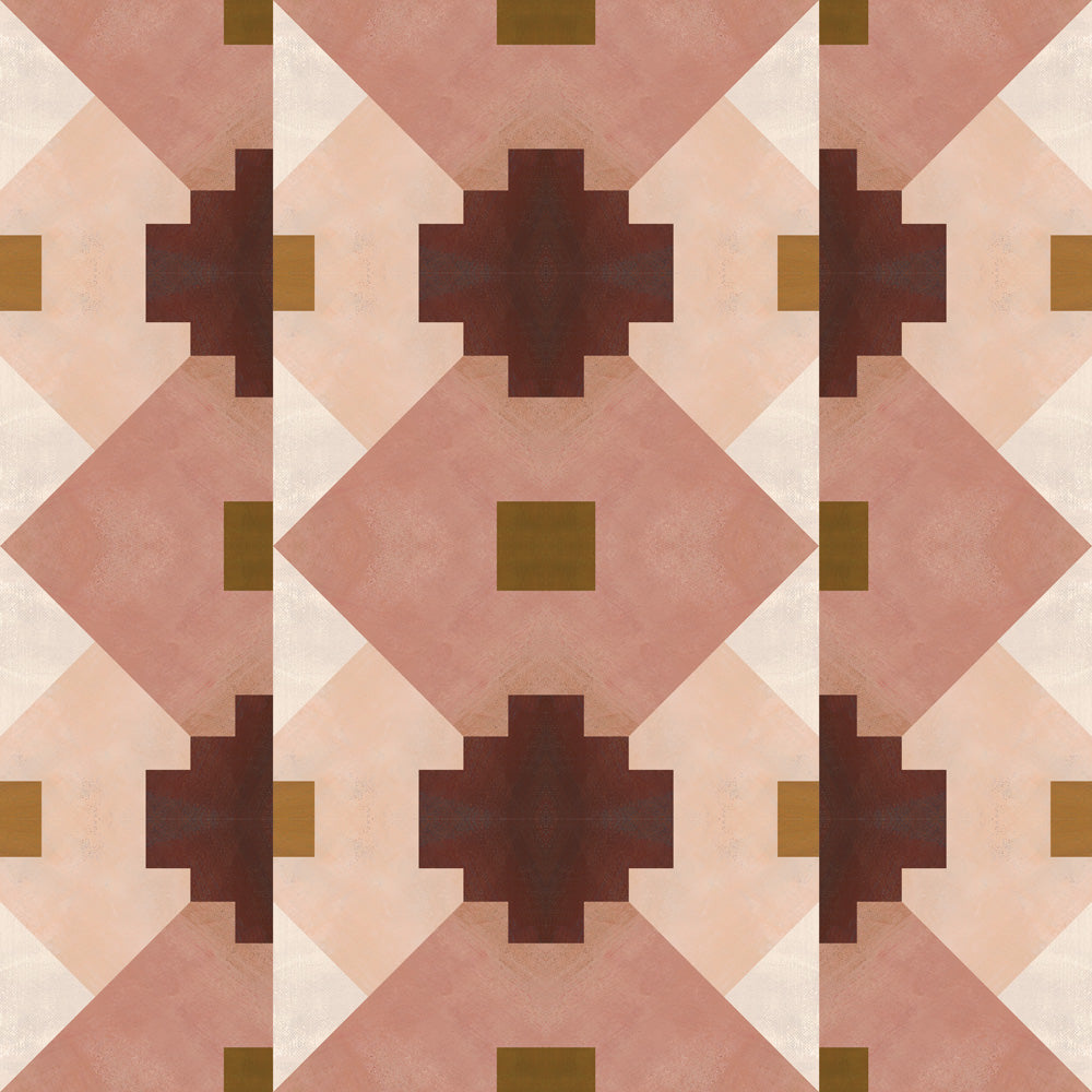 Bold abstract checkerboard pattern in blush, oxblood, camel and cream.