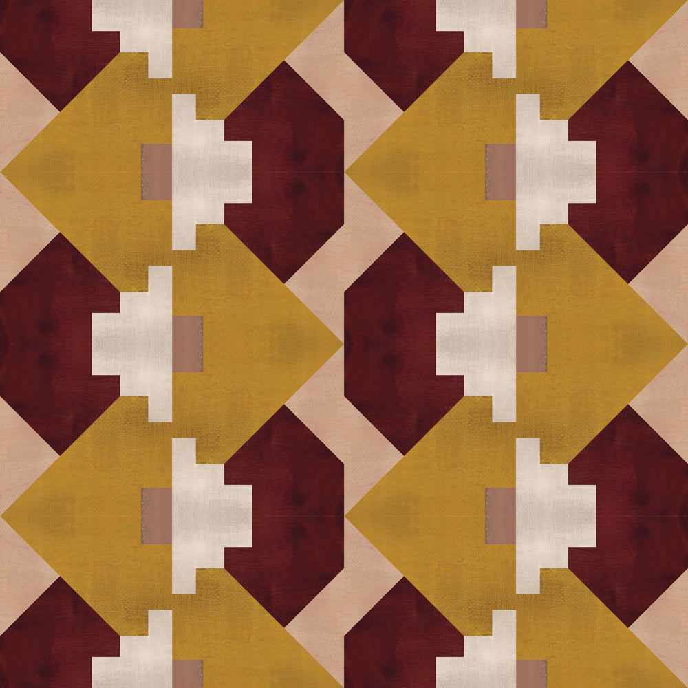 Bold abstract checkerboard pattern in blush, oxblood, camel and cream.