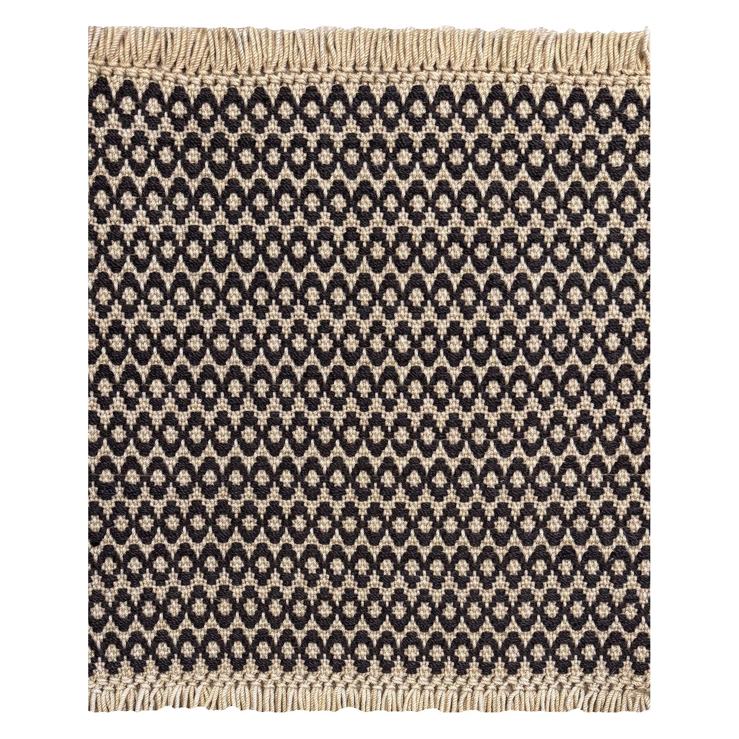 A woven rug sample with a dark brown and cream geometric oval pattern and fringed edges, shown flat against a white background.