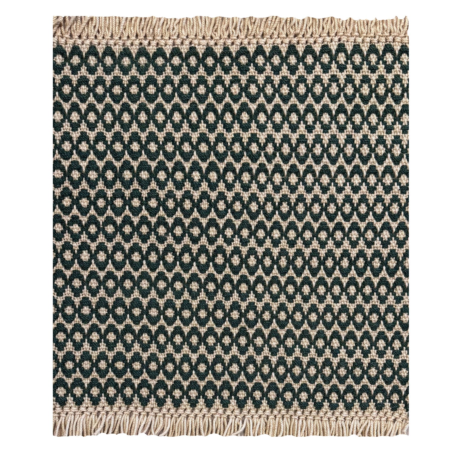 A woven rug sample with a dark green and cream geometric oval pattern and fringed edges, shown flat against a white background.