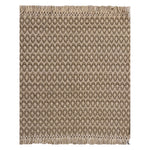 A woven rug sample with a dark tan and cream geometric oval pattern and fringed edges, shown flat against a white background.