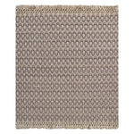 A woven rug sample with a grey and cream geometric oval pattern and fringed edges, shown flat against a white background.