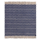 A square woven rug with a navy blue and cream geometric pattern and fringed edges, shown flat against a white background.