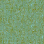 Scaled-out view of fabric in a textural wood grain print in green on a turquoise field.