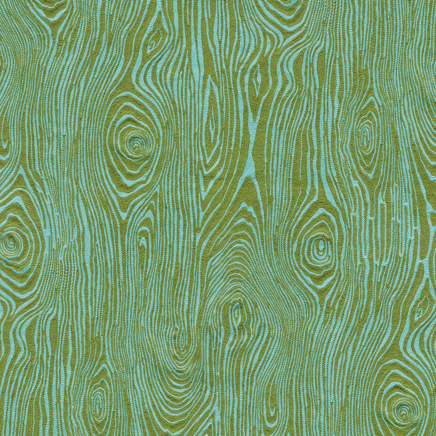Detail of wallpaper in a textural wood grain print in green on a turquoise field.