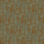 Scaled-out view of fabric in a textural wood grain print in brown on a turquoise field.