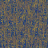 Scaled-out view of fabric in a textural wood grain print in yellow on a blue field.