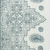Detail of fabric in a dense paisley border print in navy on a cream field.