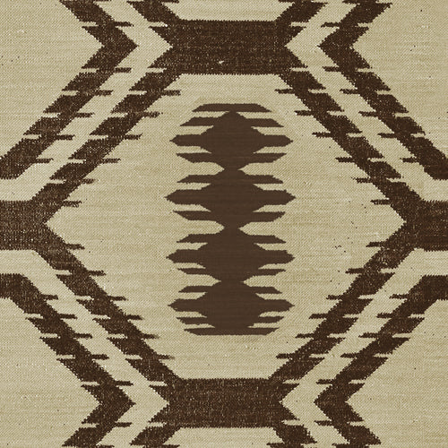 Handwoven rug with geometric pattern in brown and beige