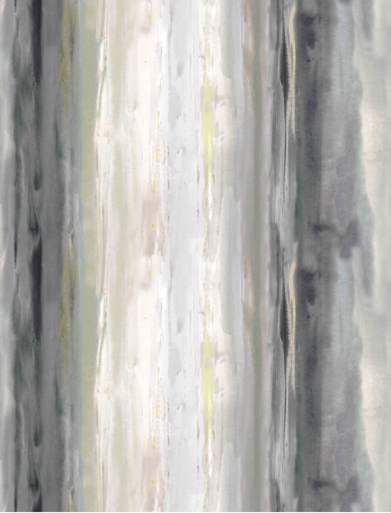 Detail of fabric in an abstract painterly print in shades of gray, yellow and cream.