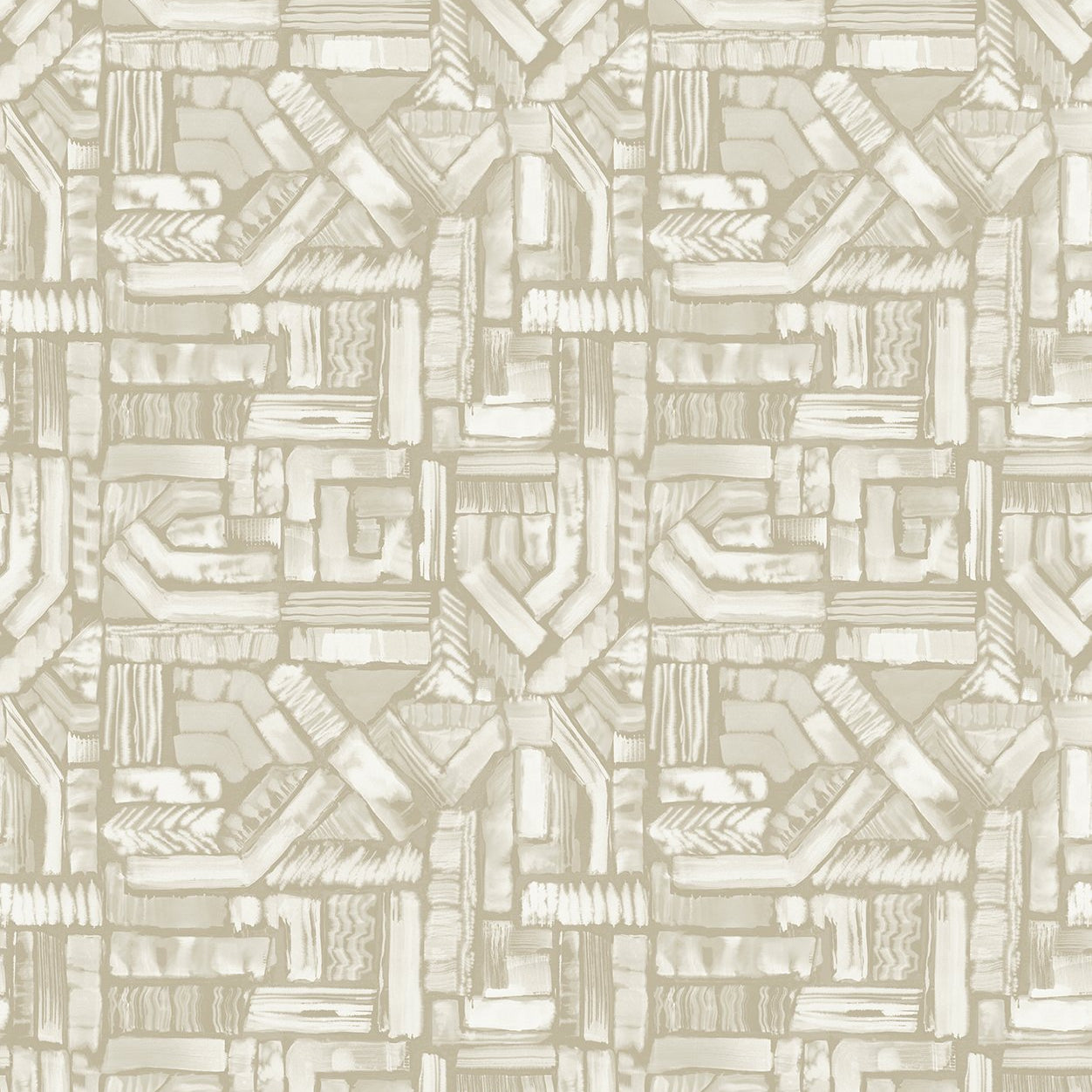 Detail of fabric in an absract geometric pattern in shades of cream.