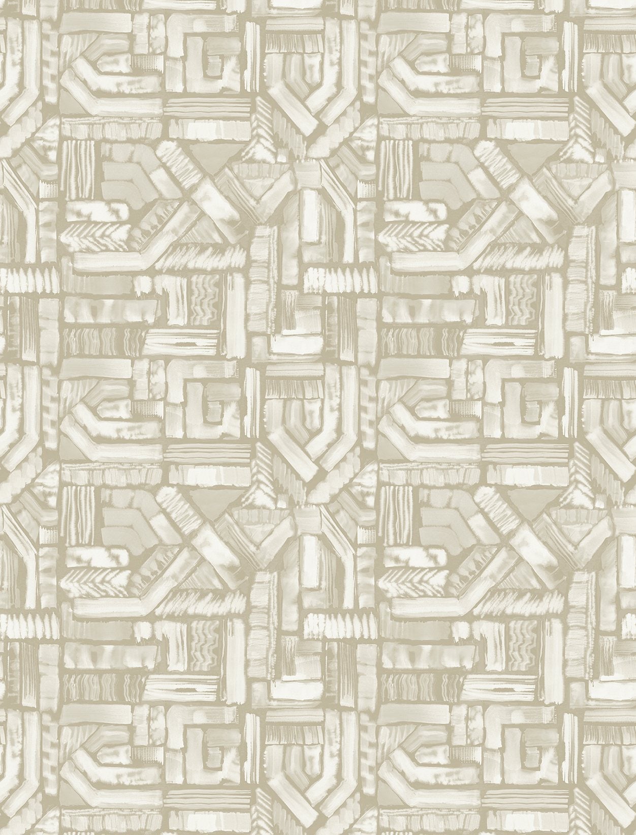 Detail of fabric in an absract geometric pattern in shades of cream.