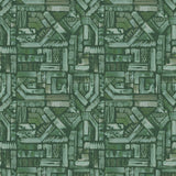 Detail of fabric in an absract geometric pattern in shades of green.