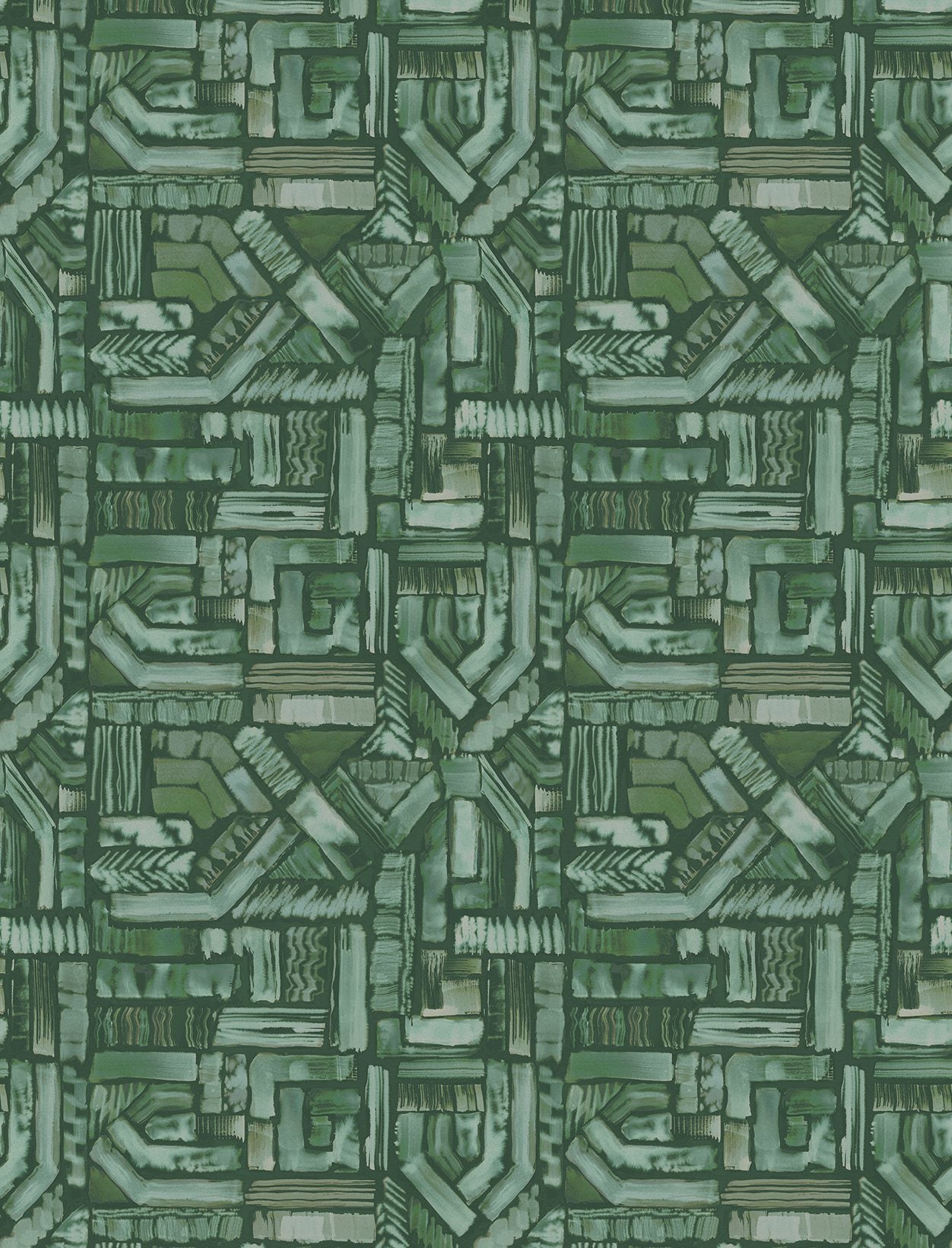 Detail of fabric in an absract geometric pattern in shades of green.