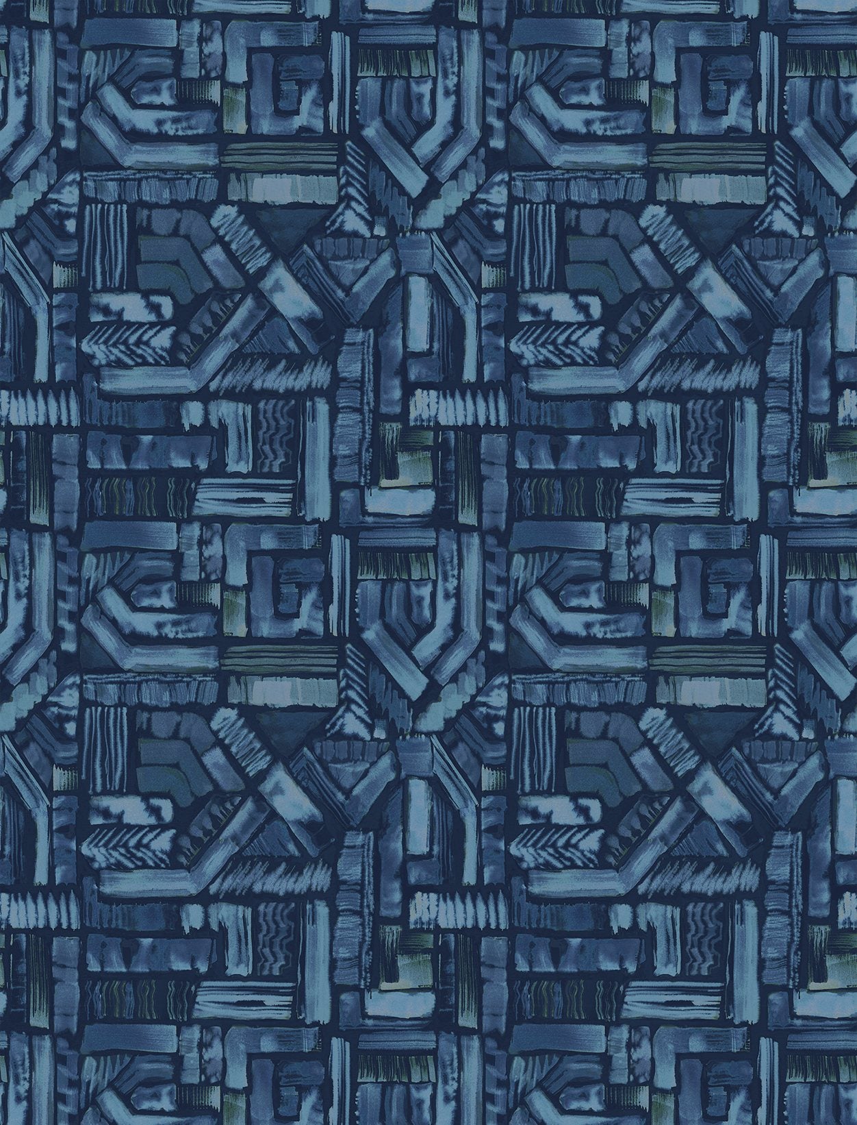 Detail of fabric in an absract geometric pattern in shades of blue and navy.
