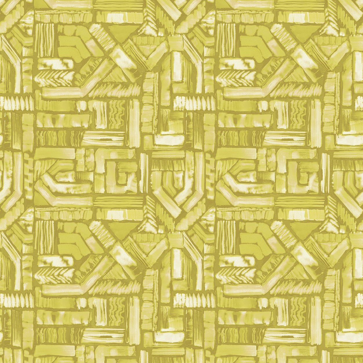 Detail of fabric in an absract geometric pattern in shades of yellow.