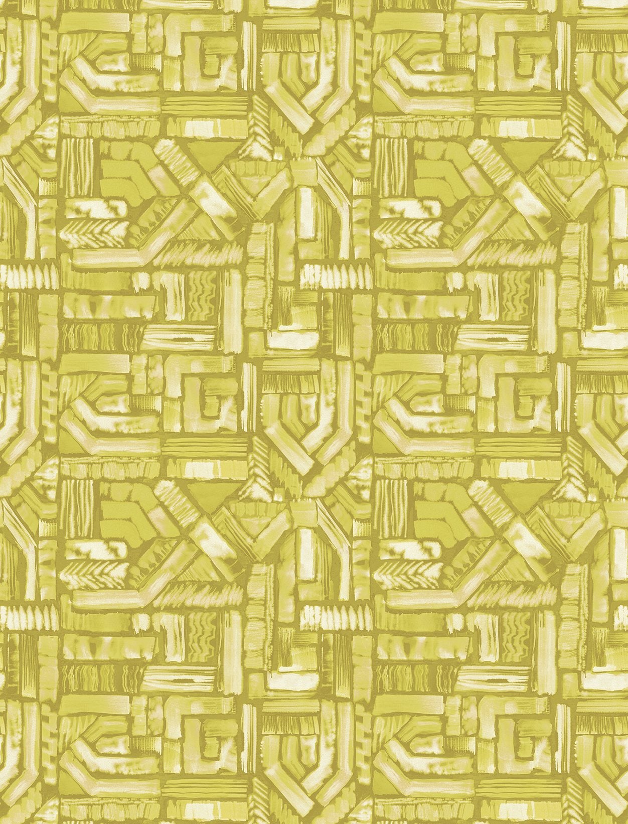 Detail of fabric in an absract geometric pattern in shades of yellow.