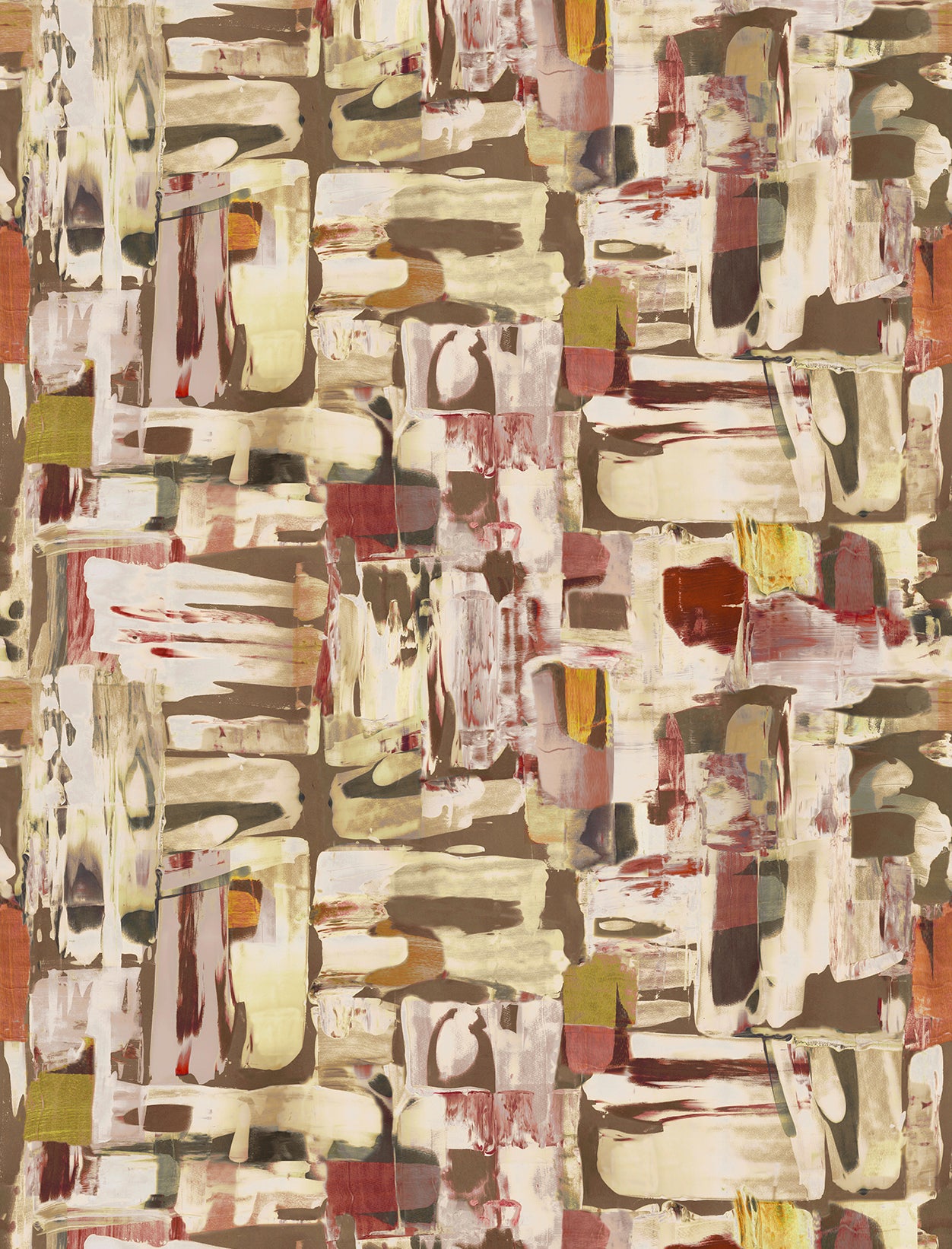 Detail of fabric in an abstract layered paint blotch print in shades of olive, cream and pink.
