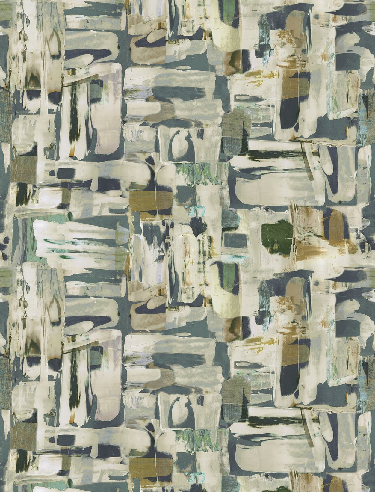 Detail of fabric in an abstract layered paint blotch print in shades of blue, cream and olive.