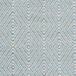 Handwoven rug in a geometric diamond pattern in light blue, grey and white. 